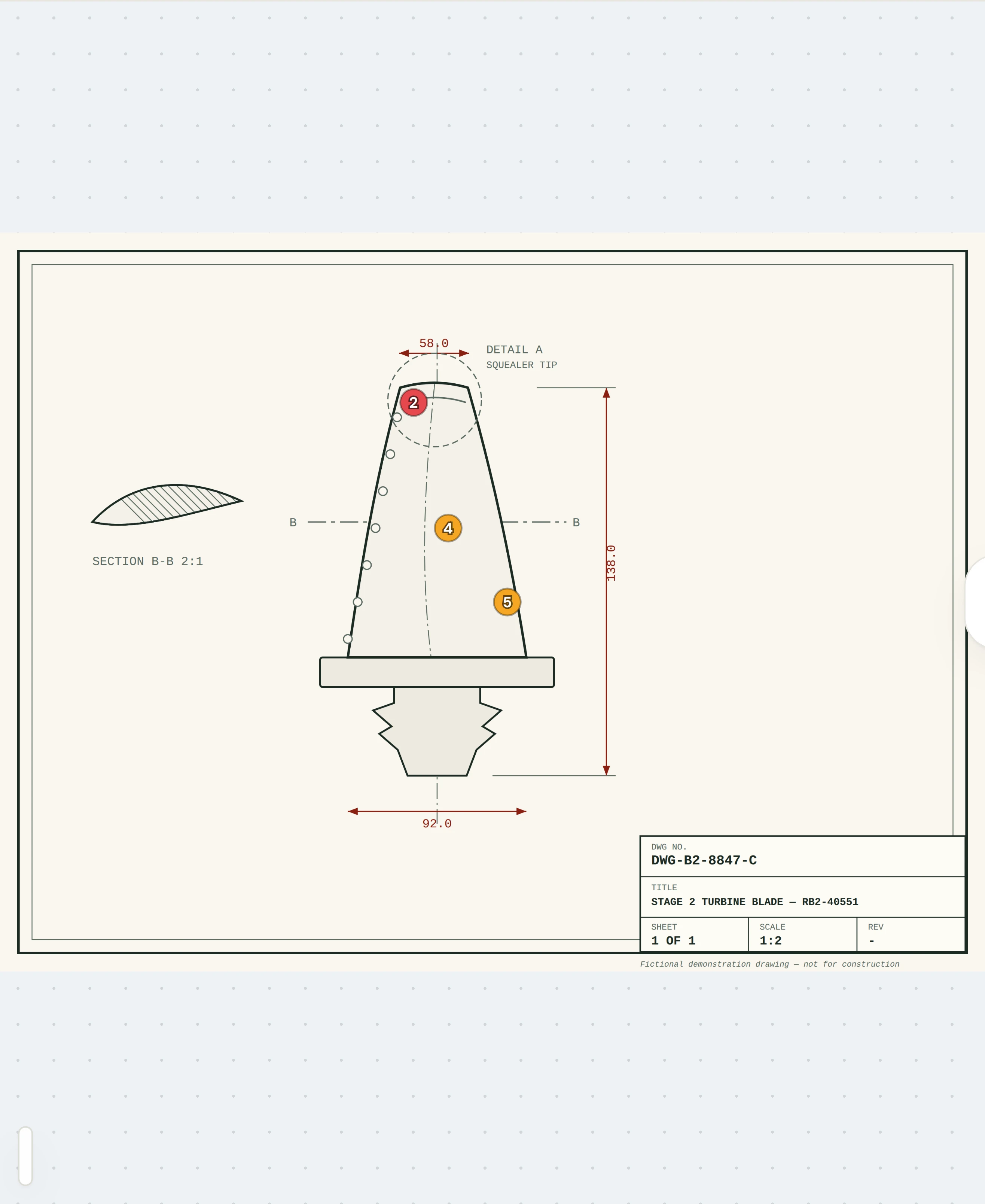 The Horus drawing viewport: numbered, severity-coloured defect pins placed on the same blade drawn in elevation on a drawing sheet, between its two dimensions