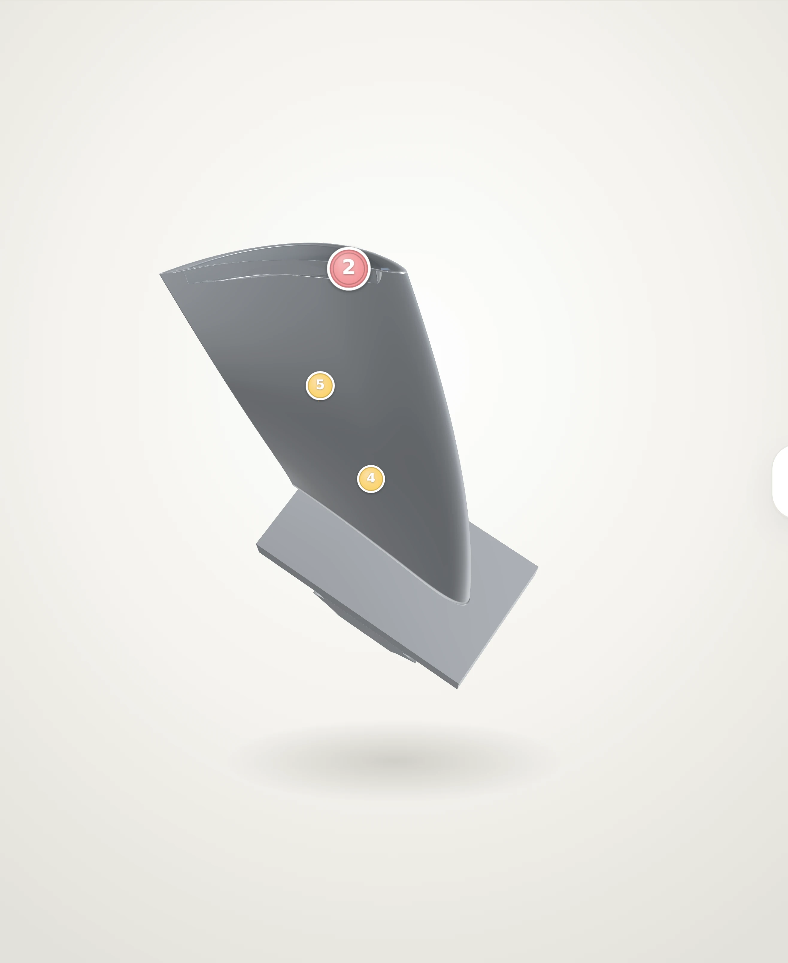 The Horus inspection viewport: a turbine blade in 3D with numbered, severity-coloured defect pins on its surface
